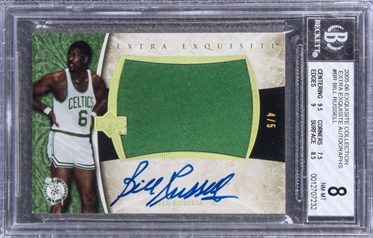 2005-06 UD "Exquisite Collection" Extra Exquisite Autographs #BR Bill Russell Signed Game Used Patch Card (#4/5) - BGS NM-MT 8/BGS 10